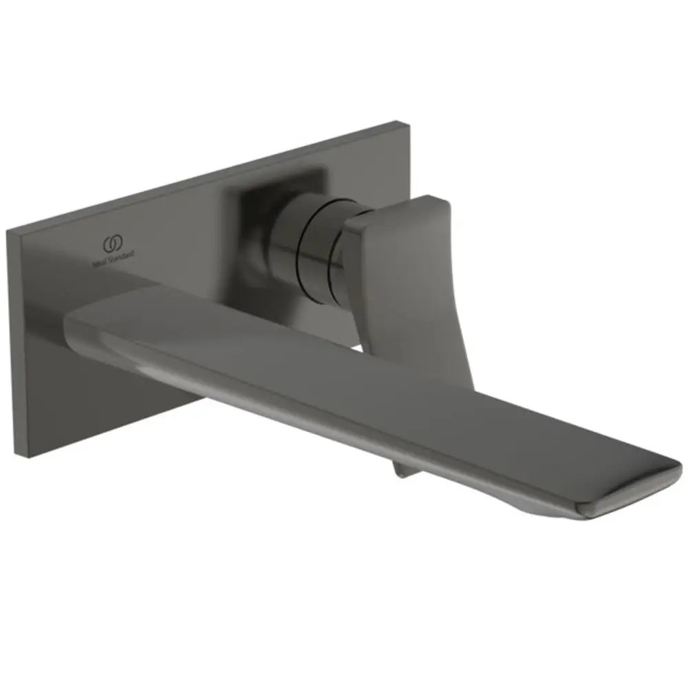 Wand-Waschtischarmatur von Ideal Standard in Magnetic Grey mit eckiger Rosette und seitlichem Hebel zur Wassersteuerung.